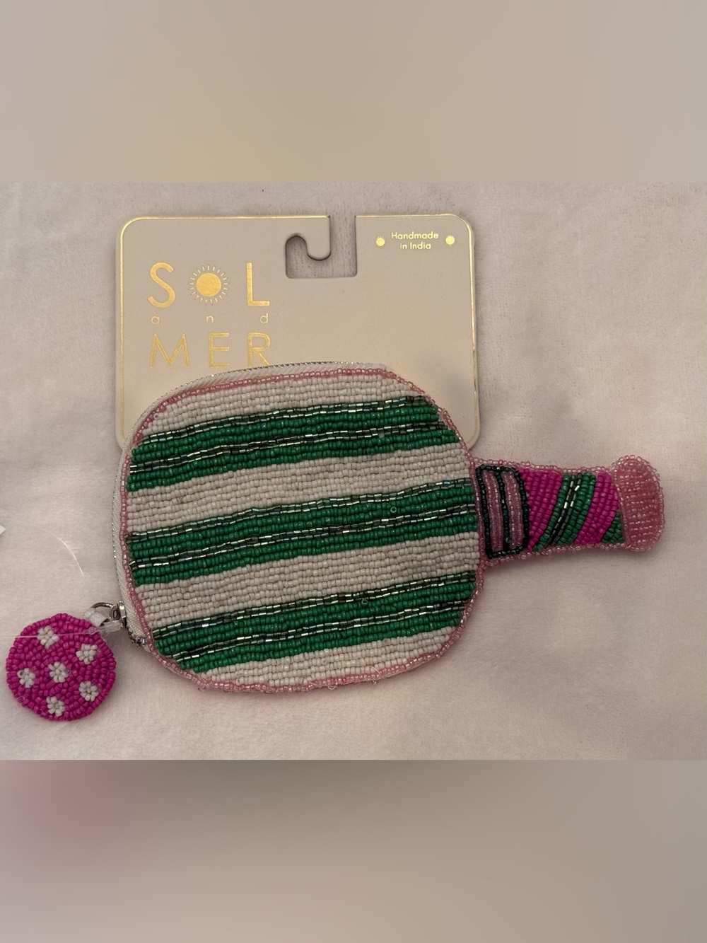 SOL and MER handcrafted beading Pickleball  Coin Purse - Green & Pink. NWT